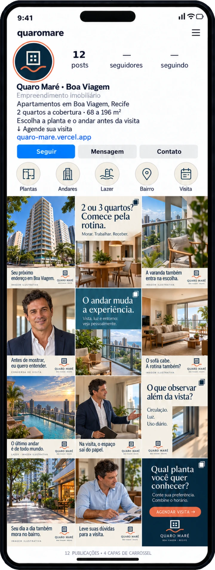 Prévia do perfil de Quaro Maré no Instagram, no celular: bio, destaques e a grade de posts.